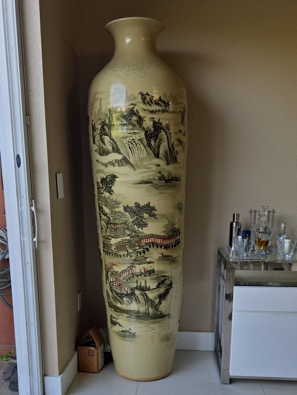 Tall Decorative Ceramic Floor Vase with Scenic Landscape